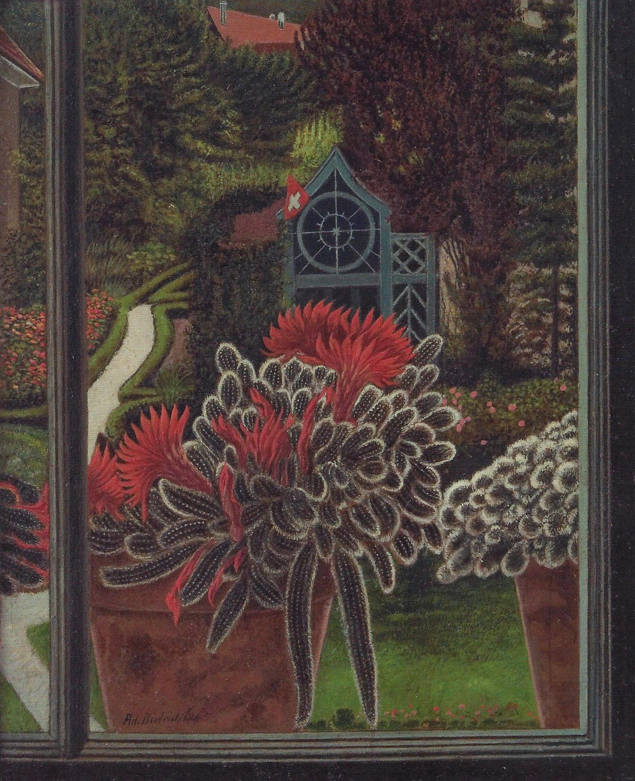 Adolf Dietrich (1877 - 1957), Rote Kaktee vor Nachbargarten, 1945